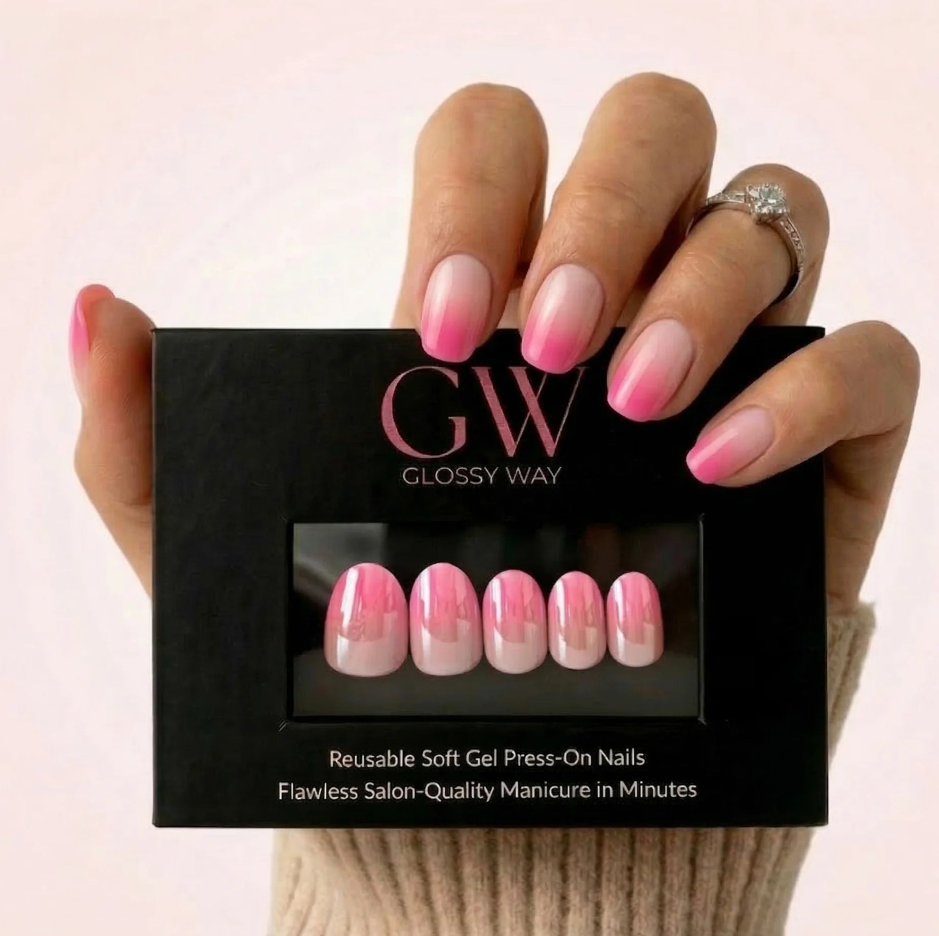 Aurora Pink press-on negler fra Glossy Way