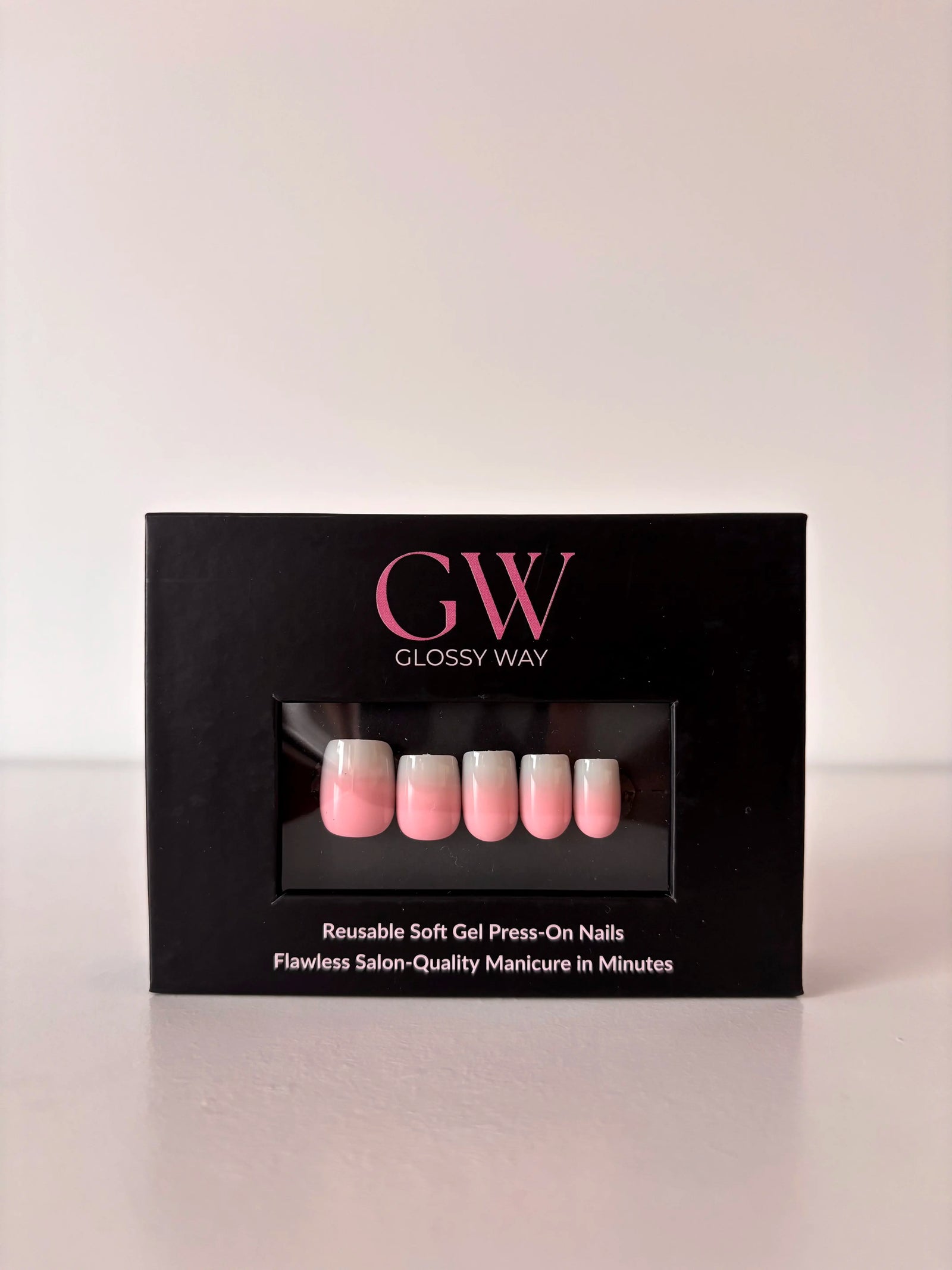 Cotton Cloud pink ombre Press-On Nails made by Glossy Way inside the original package.