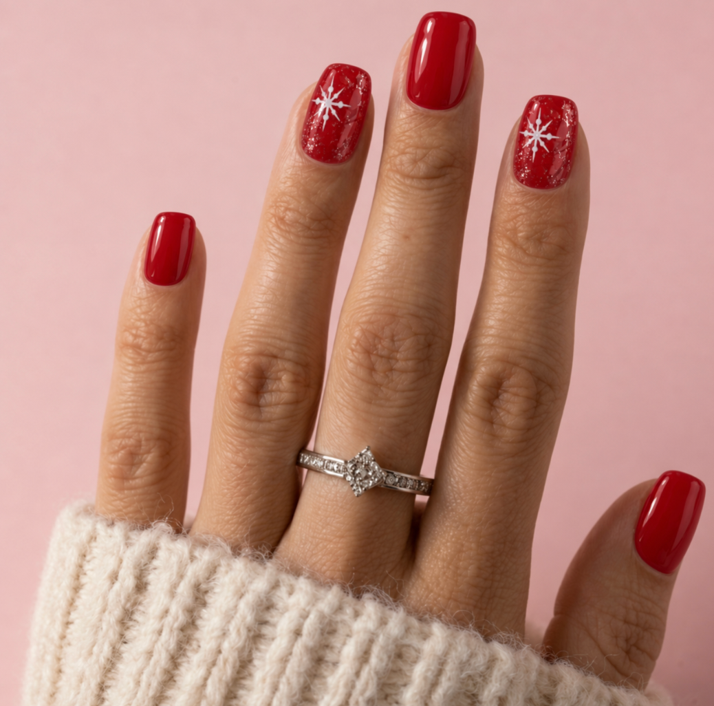 A close-up of a hand wearing a silver ring with a clear center stone, decorated with red nail polish and white star designs, set against a solid pink background.