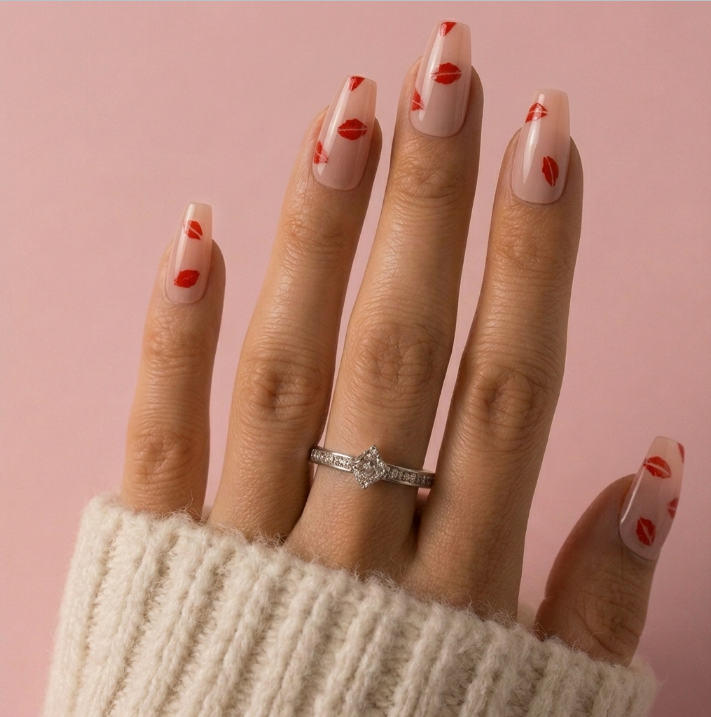 Long nude-rosa unghie featuring rosse lip prints.