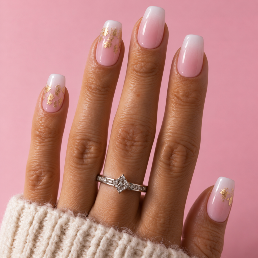 A close-up of a hand wearing a silver diamond ring with a marquise-cut center stone, styled with a pink and white ombre manicure and gold glitter accents, set against a solid pink background.