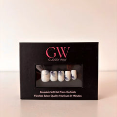 Athena Bleu Press-On Nails made by Glossy Way inside the original package.