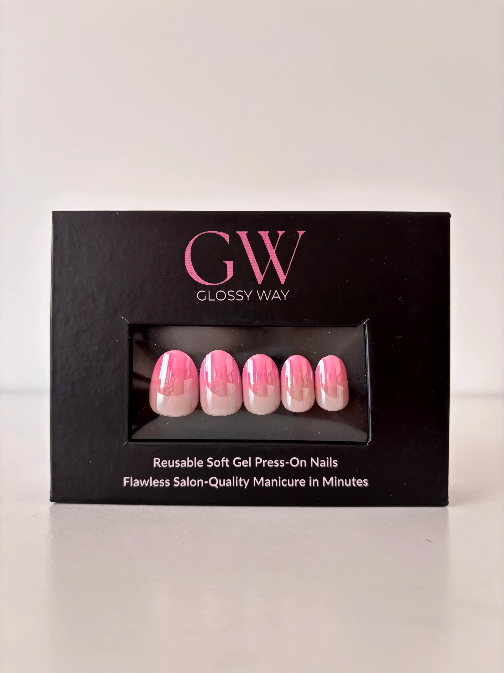 Aurora Pink Press-On Nails made by Glossy Way inside the original package.