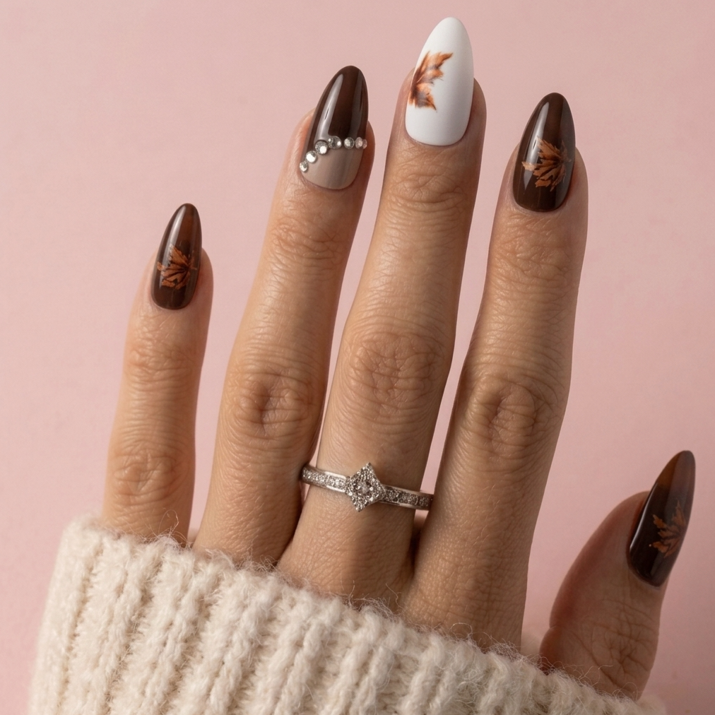 A close-up of a hand with almond-shaped nails styled in a fall theme, featuring brown nails with leaf designs, one white nail with a small silver rhinestone accent, and one silver nail with a diamond ring. The hand is wearing a cream-colored knit sweater against a soft pink background.