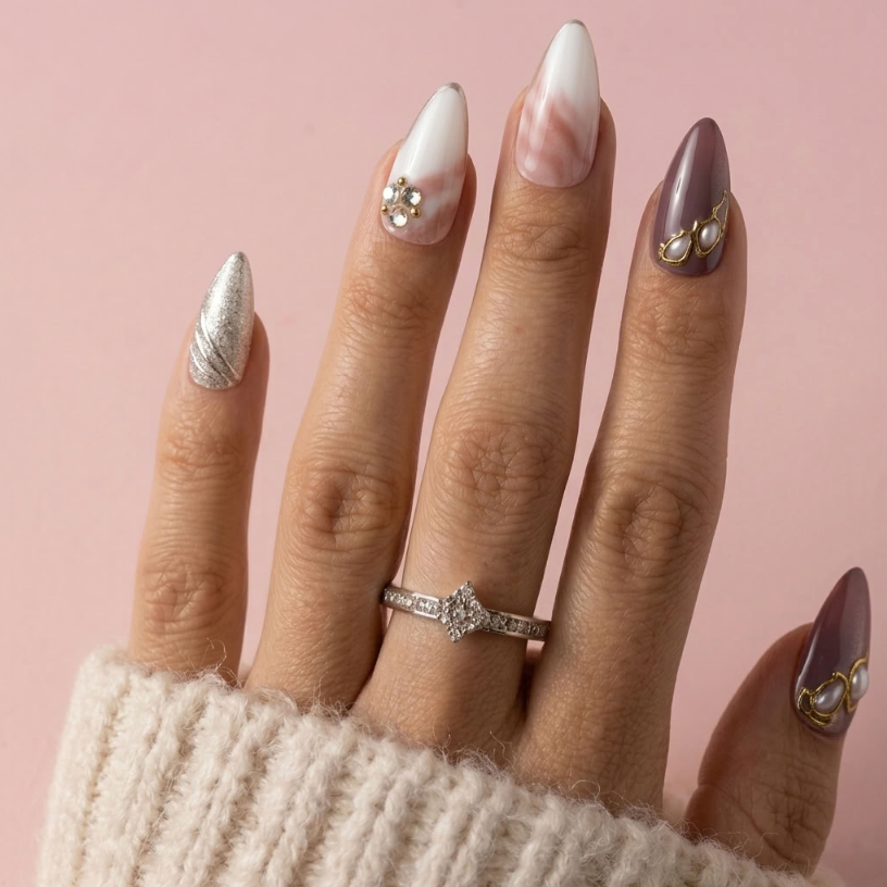 A close-up of a hand with long almond-shaped nails decorated in elegant nail art, wearing a silver ring with clear stones. The nails feature white and pink marbled designs, a metallic silver leaf pattern, and gold leaf accents, set against a soft pink background.