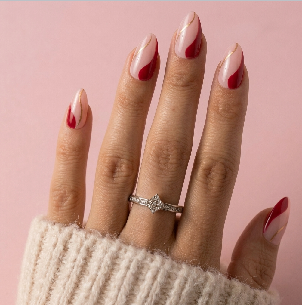 Nærbillede af en hånd med mandelformede negle i rødt og hvidt swirl-design, sølvring og cremefarvet strik mod blød pink baggrund