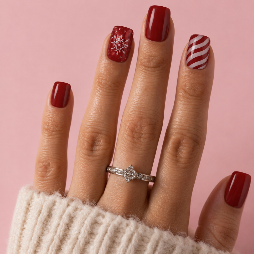 A close-up of a hand wearing a silver ring with a clear central gemstone, styled with festive red and white nail art against a solid pink background.