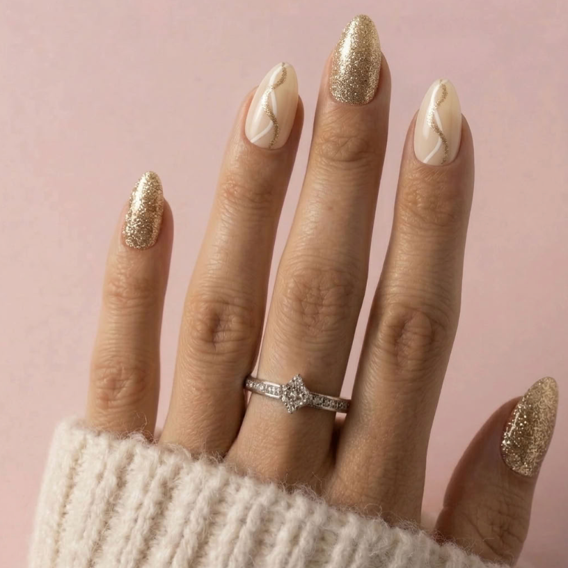 A close-up of a hand with long almond-shaped nails styled in a mix of glittery gold and glossy cream with thin metallic lines, wearing a silver diamond ring. The hand is wrapped in a cream knit sweater against a soft pink background.