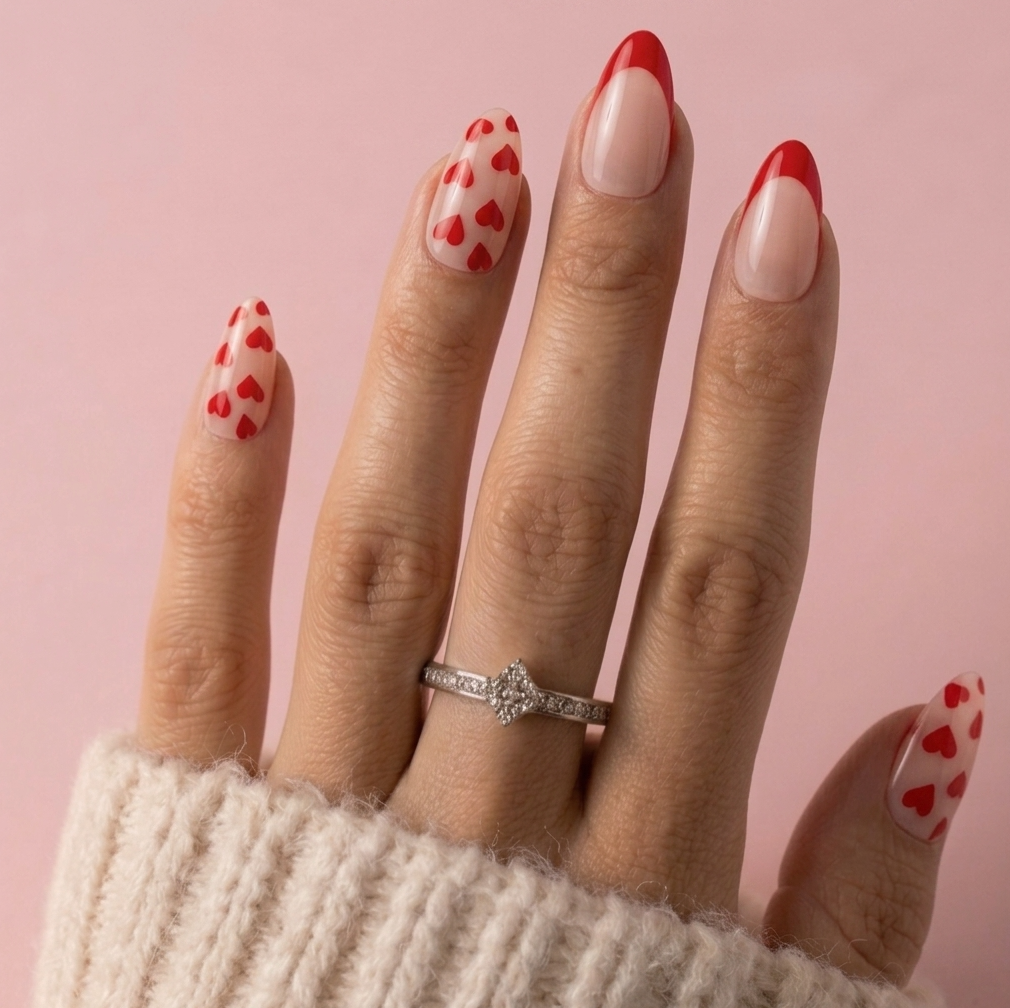 A close-up of a hand with manicured nails featuring red hearts on a light pink base, wearing a silver ring with a heart-shaped center stone, set against a soft pink background.