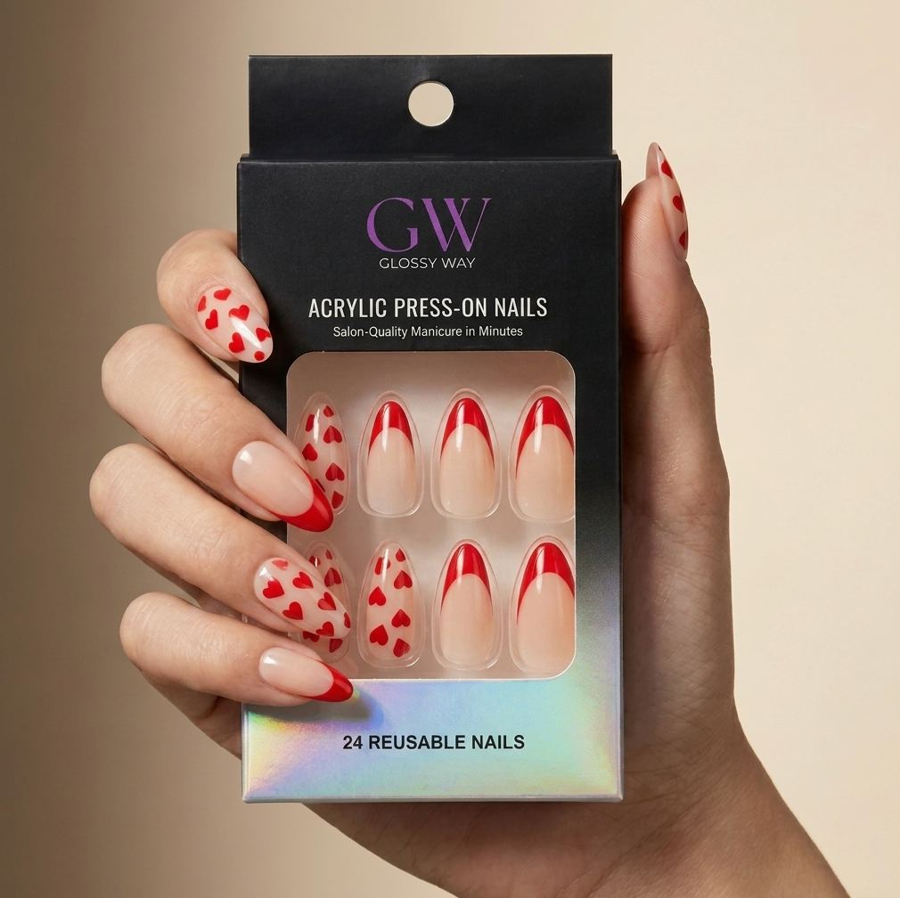 A hand holding a black glossy press-on nails box labeled GW Glossy Way, showing red-and-cream patterned reusable acrylic nails.