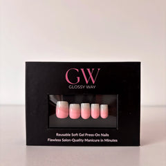 Cotton Cloud pink ombre Press-On Nails made by Glossy Way inside the original package.