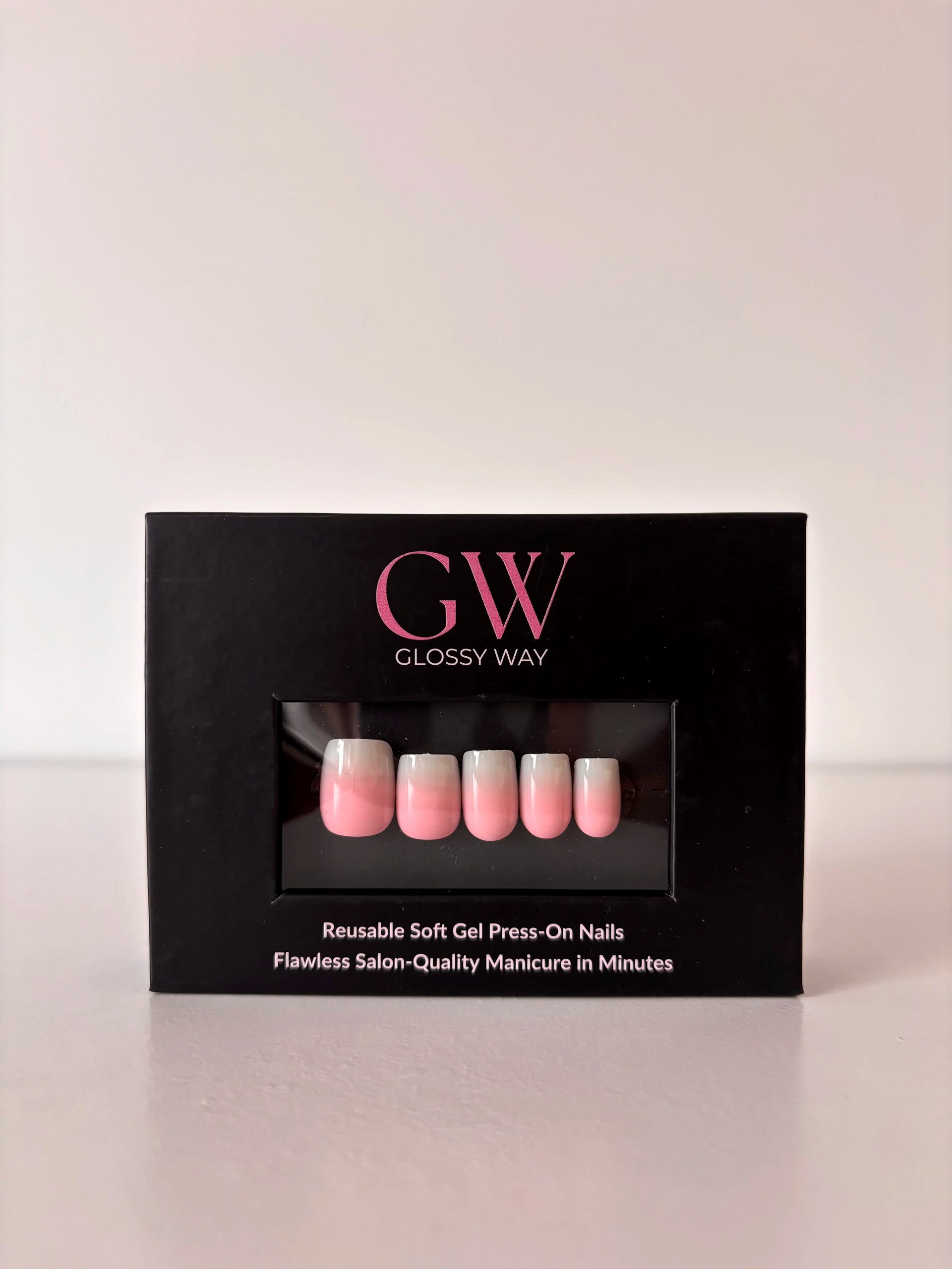 Cotton Cloud pink ombre Press-On Nails made by Glossy Way inside the original package.