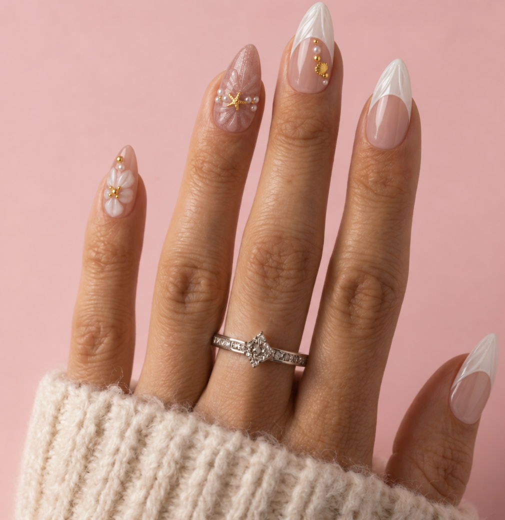 A close-up of a hand with long almond-shaped nails styled in a French tip and bohemian-inspired manicure, wearing a silver diamond ring and a cream knit sweater against a solid pink background.