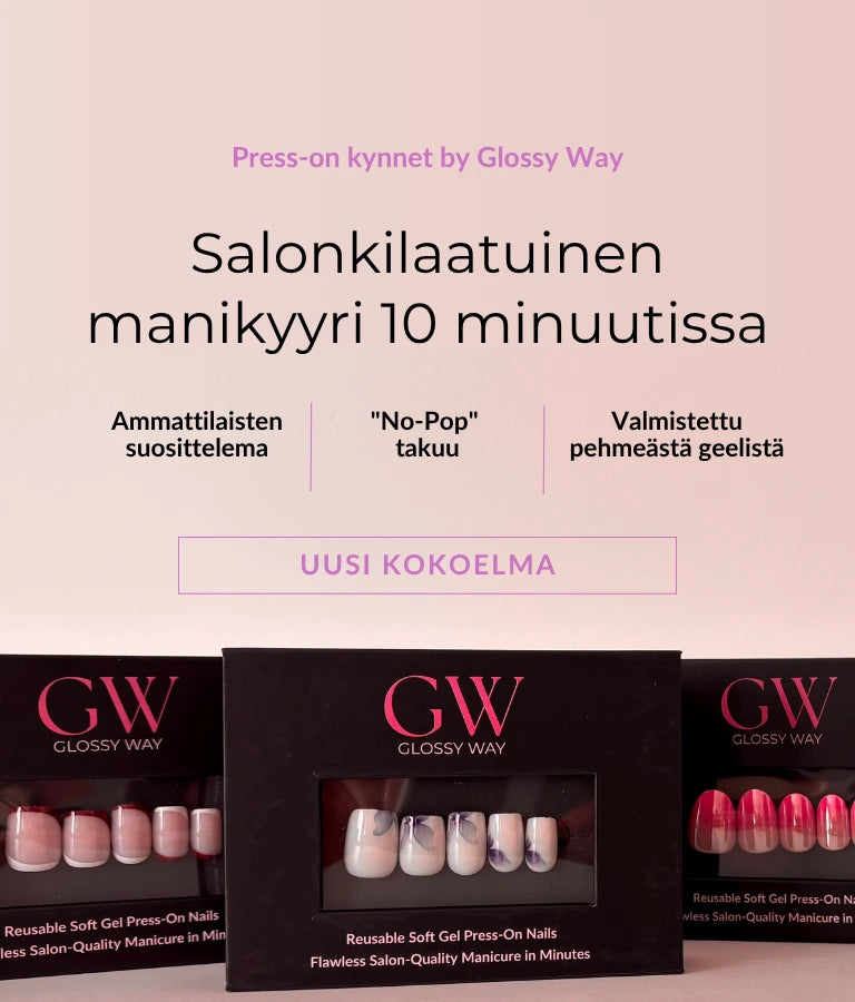 Glossy Way -kynsien pakkaus, jossa mainosteksti vaaleanpunaisella taustalla