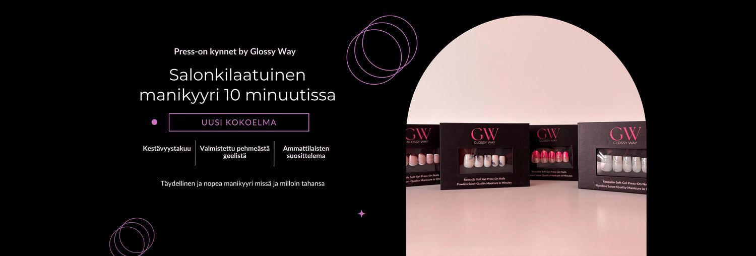 Glossy Way -manikyor-pakkaus mustalla taustalla tekstillä.