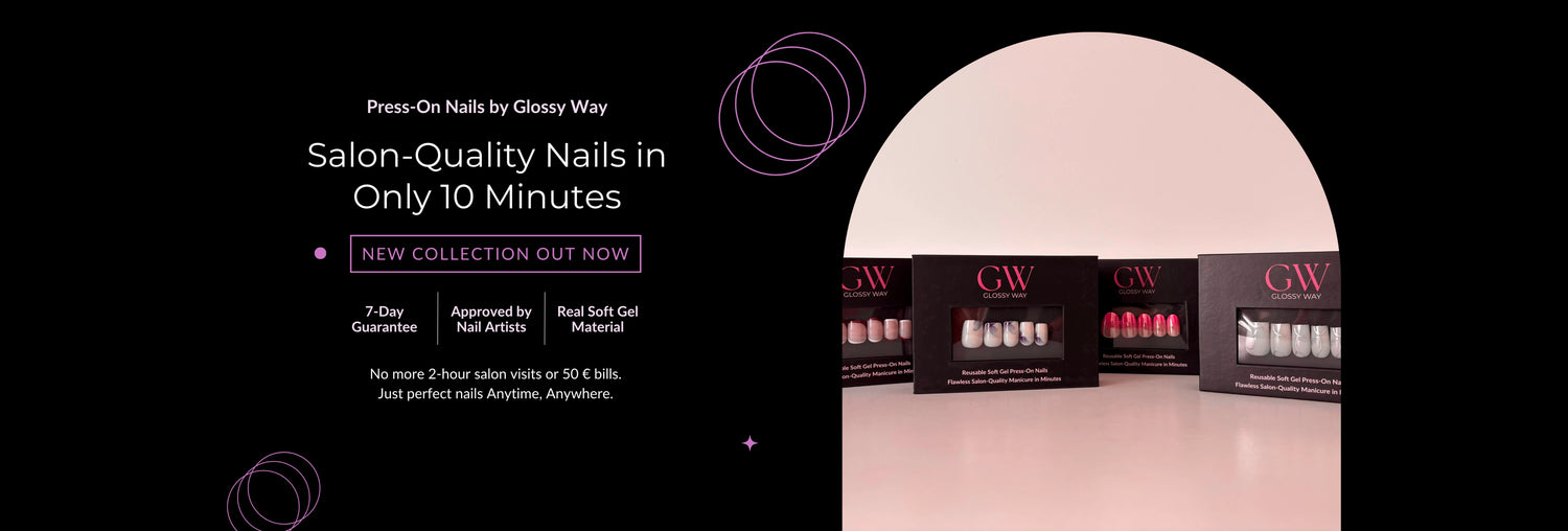 Glossy Way press-on nail product packaging with promotional text on a black background