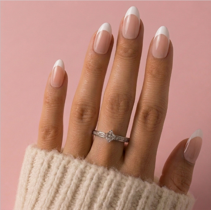 Glossy Way long almond french tip press on nails