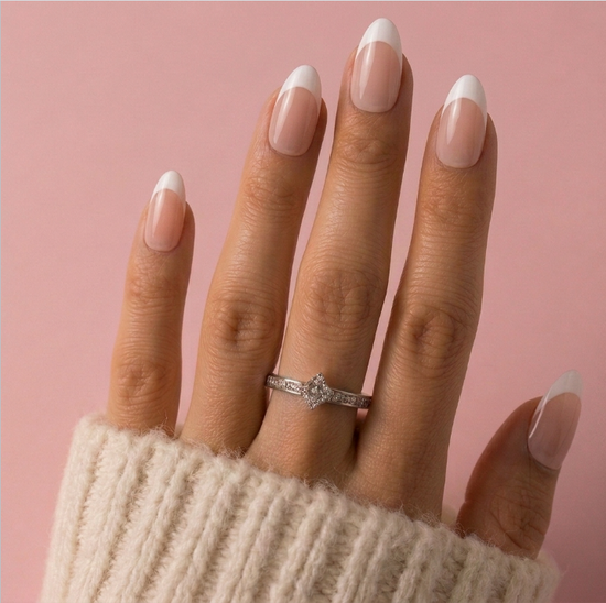 Glossy Way long almond french tip press on nails