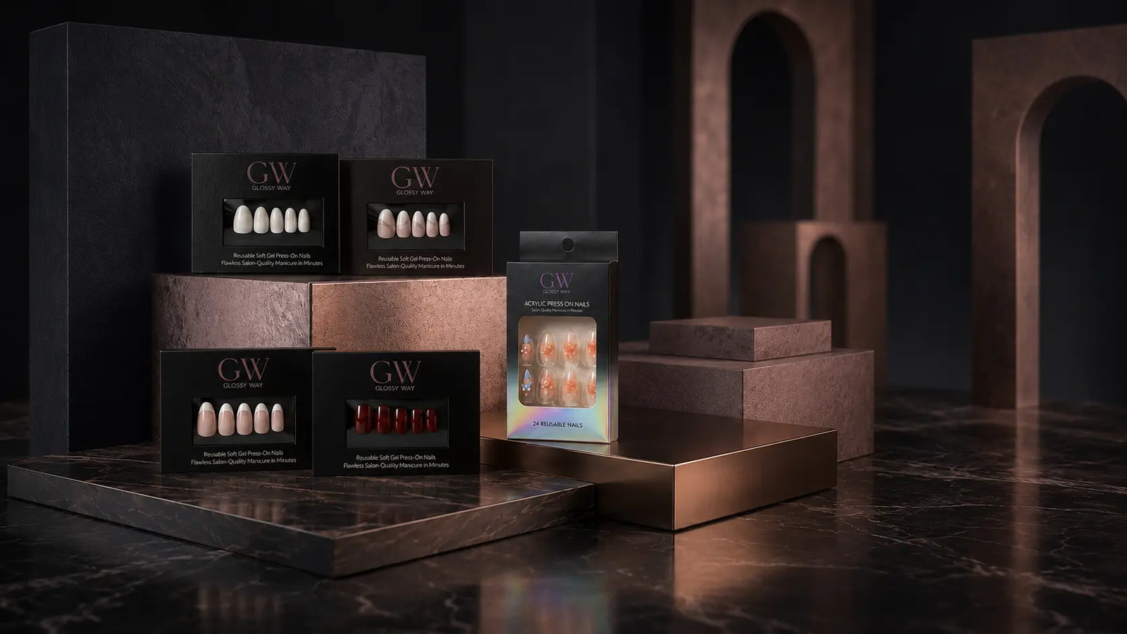 Collection of Glossy Way press-on nail products on a dark, textured surface with architectural elements in the background.