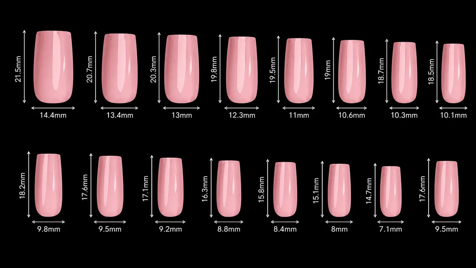 A size chart showing multiple pink nail tip shapes and lengths with measurement labels in millimeters on a black background.