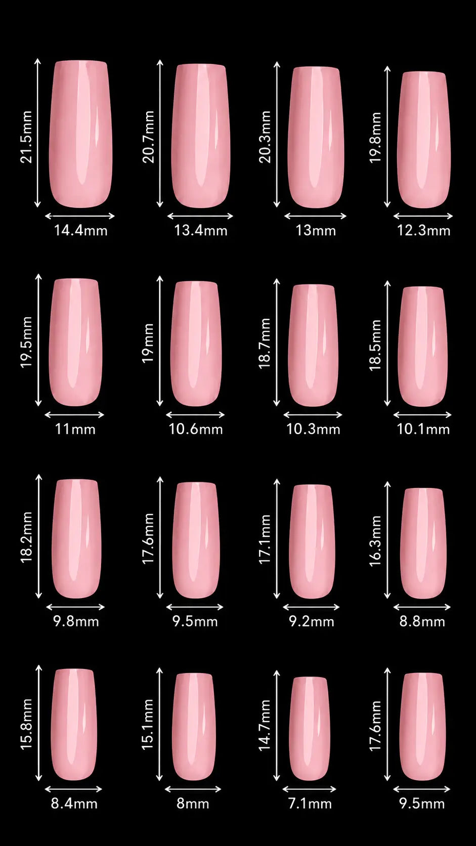 A grid of pink nail tip shapes with printed measurements in millimeters and centimeters on a black background, serving as a size reference for nail art or press-on nails.