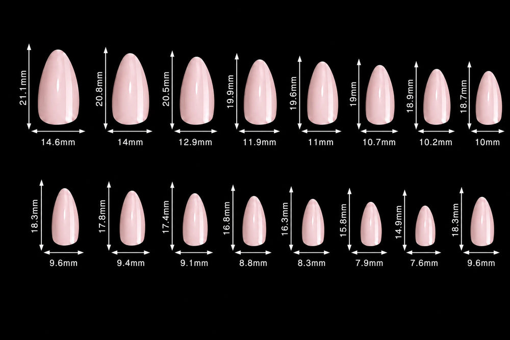 A size chart showing multiple almond-shaped press-on nails in a pale pink shade, each labeled with its height and width measurements on a black background.
