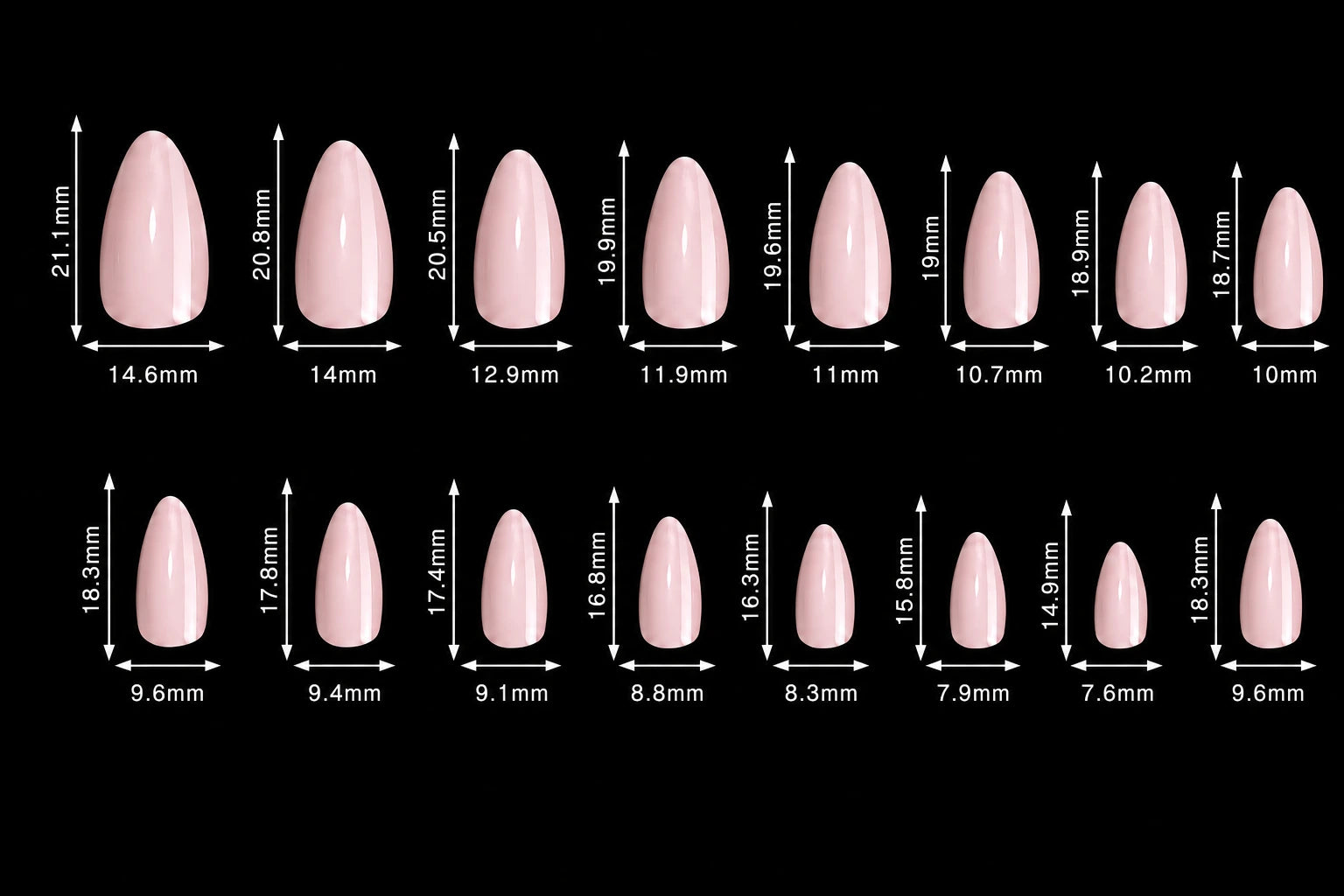 A size chart showing multiple almond-shaped press-on nails in a pale pink shade, each labeled with its height and width measurements on a black background.