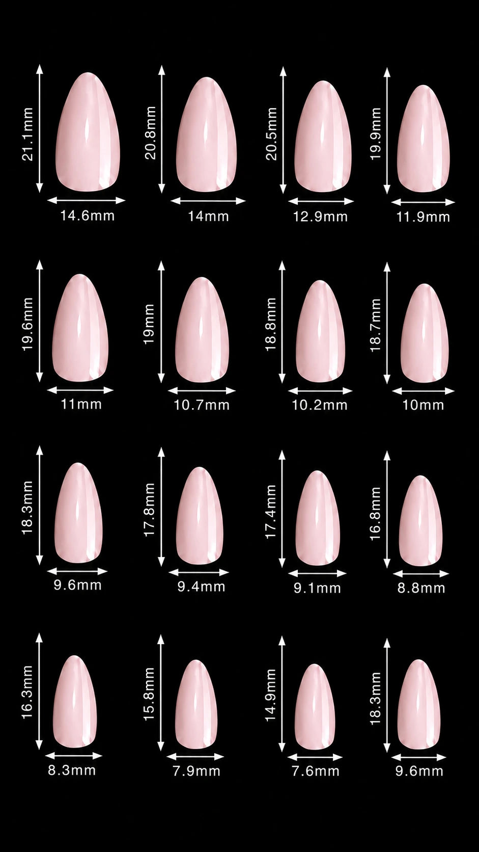 A size chart showing multiple pink almond-shaped press-on nails arranged in a grid on a black background, with measurements for height and width printed beside each nail.