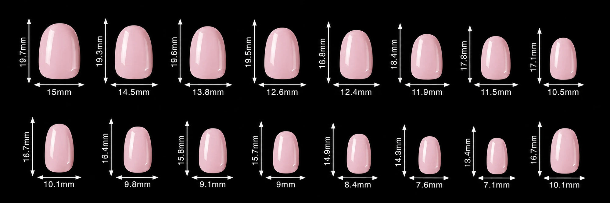 A size chart showing multiple pink nail tip shapes with width and height measurements in millimeters on a black background.