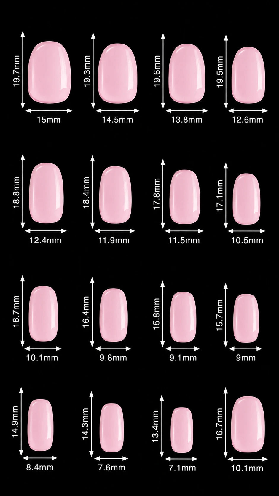 A size chart showing multiple pink nail tip shapes with labeled width and height measurements on a black background.