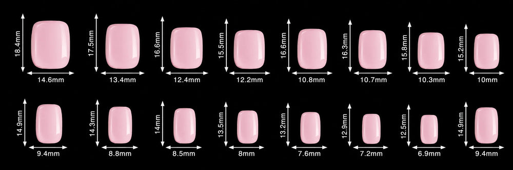 A size chart showing multiple pink nail tip shapes and sizes with dimension labels in millimeters on a black background.