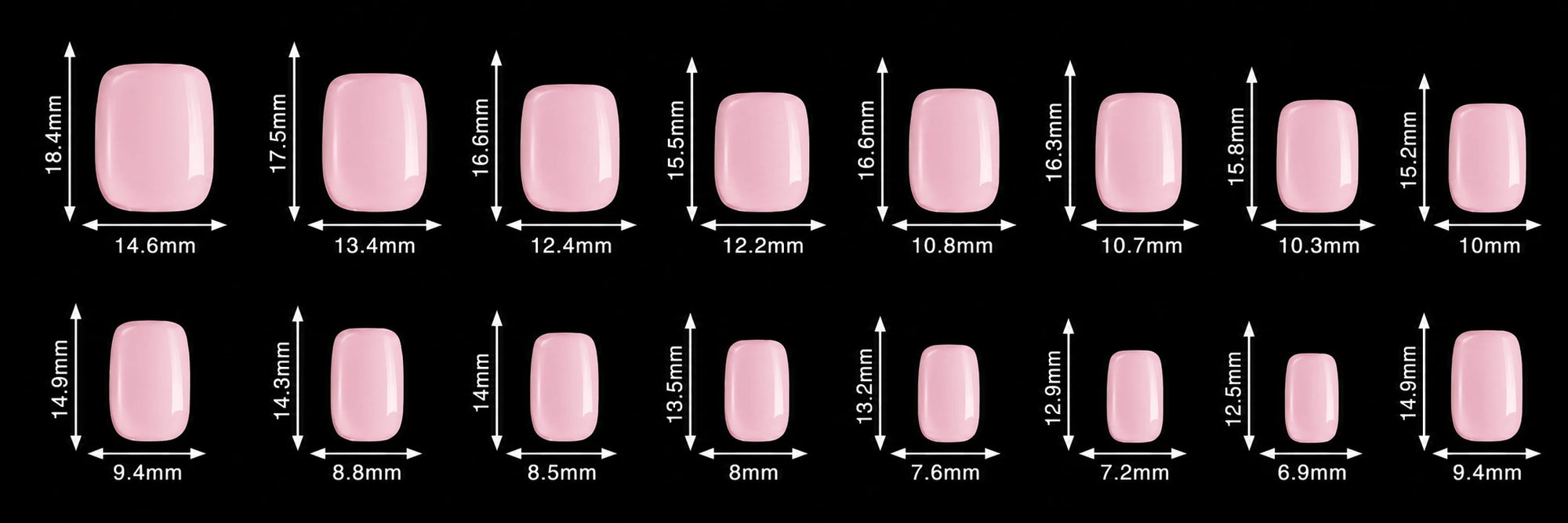 A size chart showing multiple pink nail tip shapes and sizes with dimension labels in millimeters on a black background.