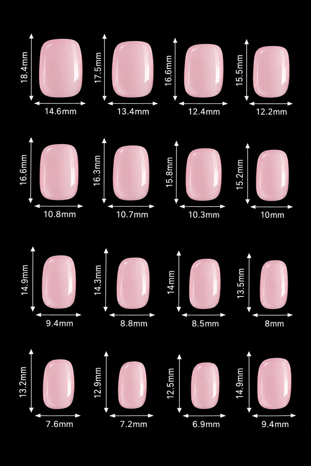 A size chart showing multiple pink nail tip shapes with white dimension arrows and measurements in millimeters and centimeters on a black background.