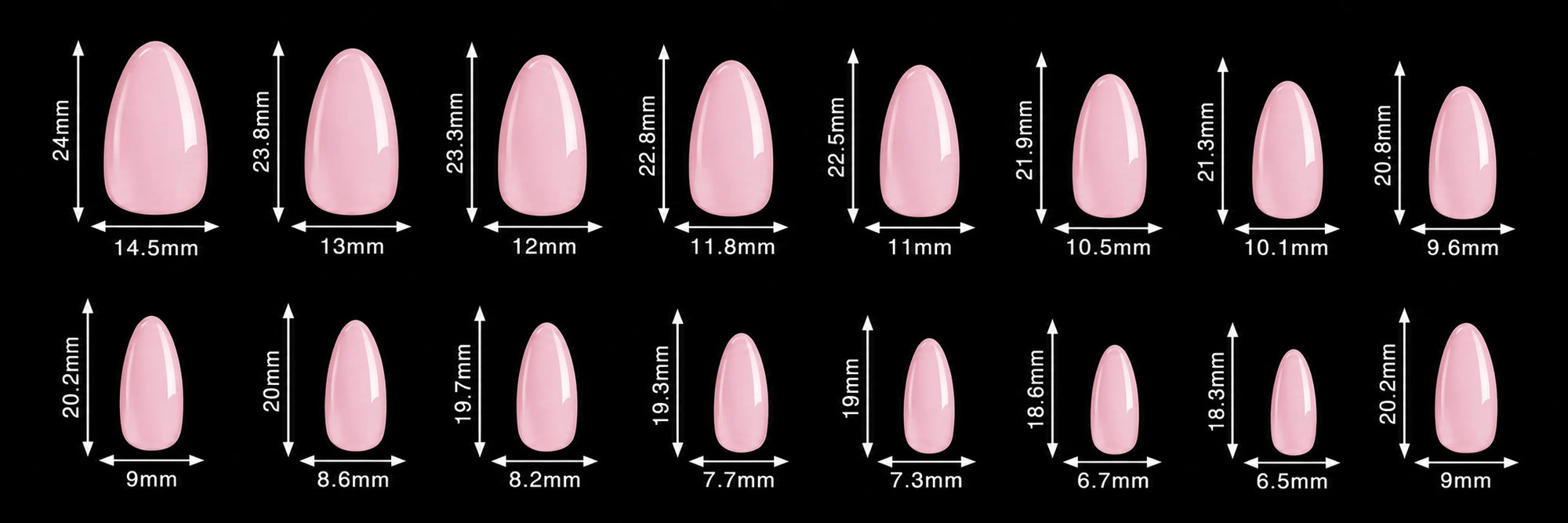 A size chart showing multiple pink nail tips with measurements in millimeters and centimeters on a black background.