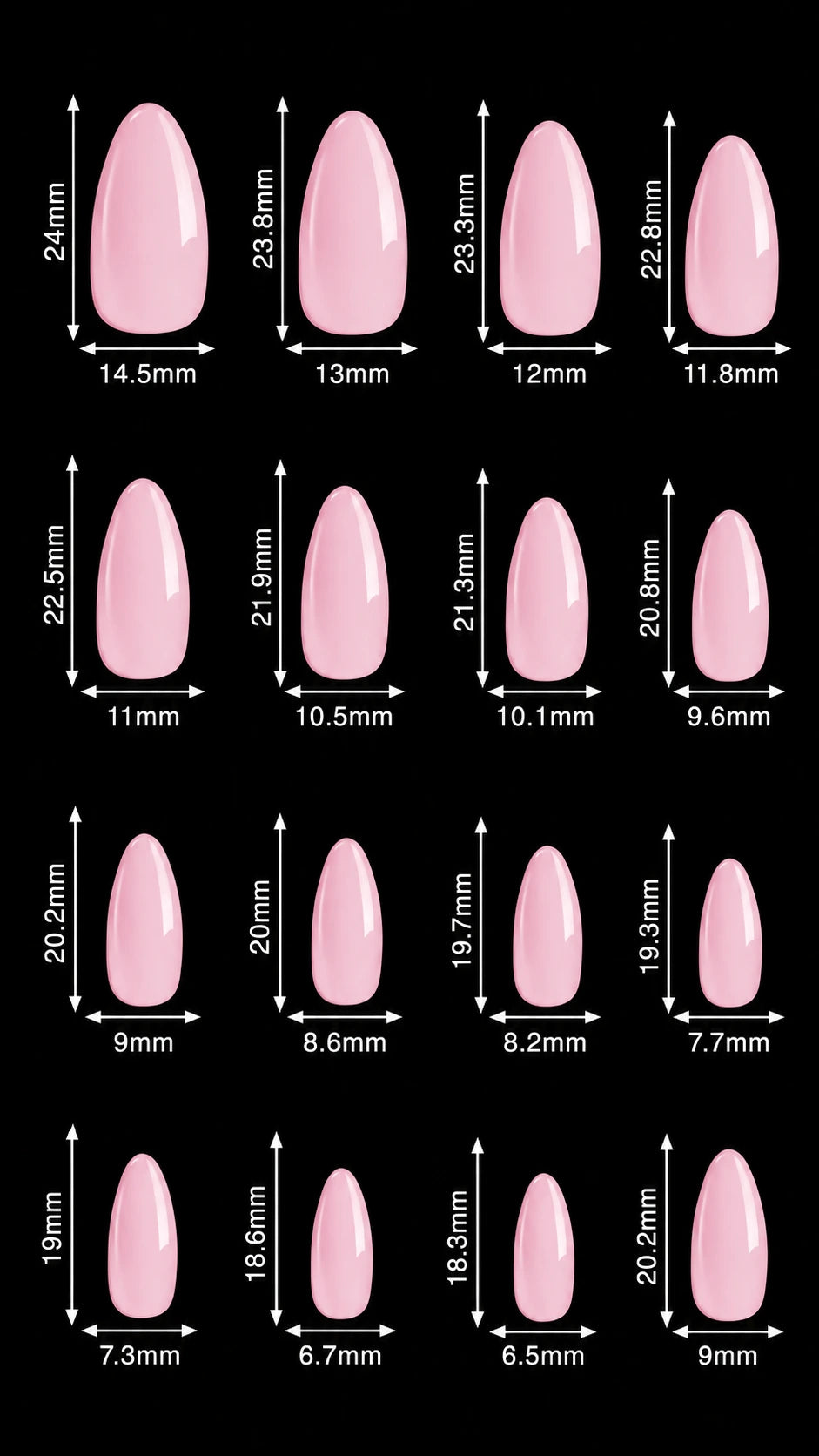 A size chart showing multiple pink nail tip shapes with printed dimensions in millimeters and centimeters on a black background.