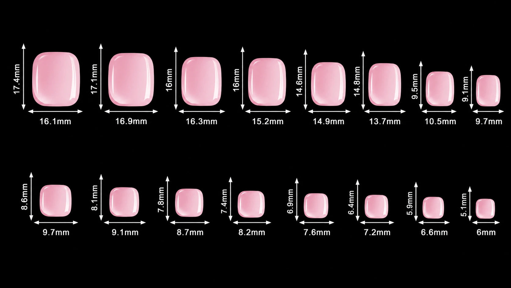 A size chart showing multiple pink rounded-square nail tips with dimension arrows and measurements in millimeters on a black background.