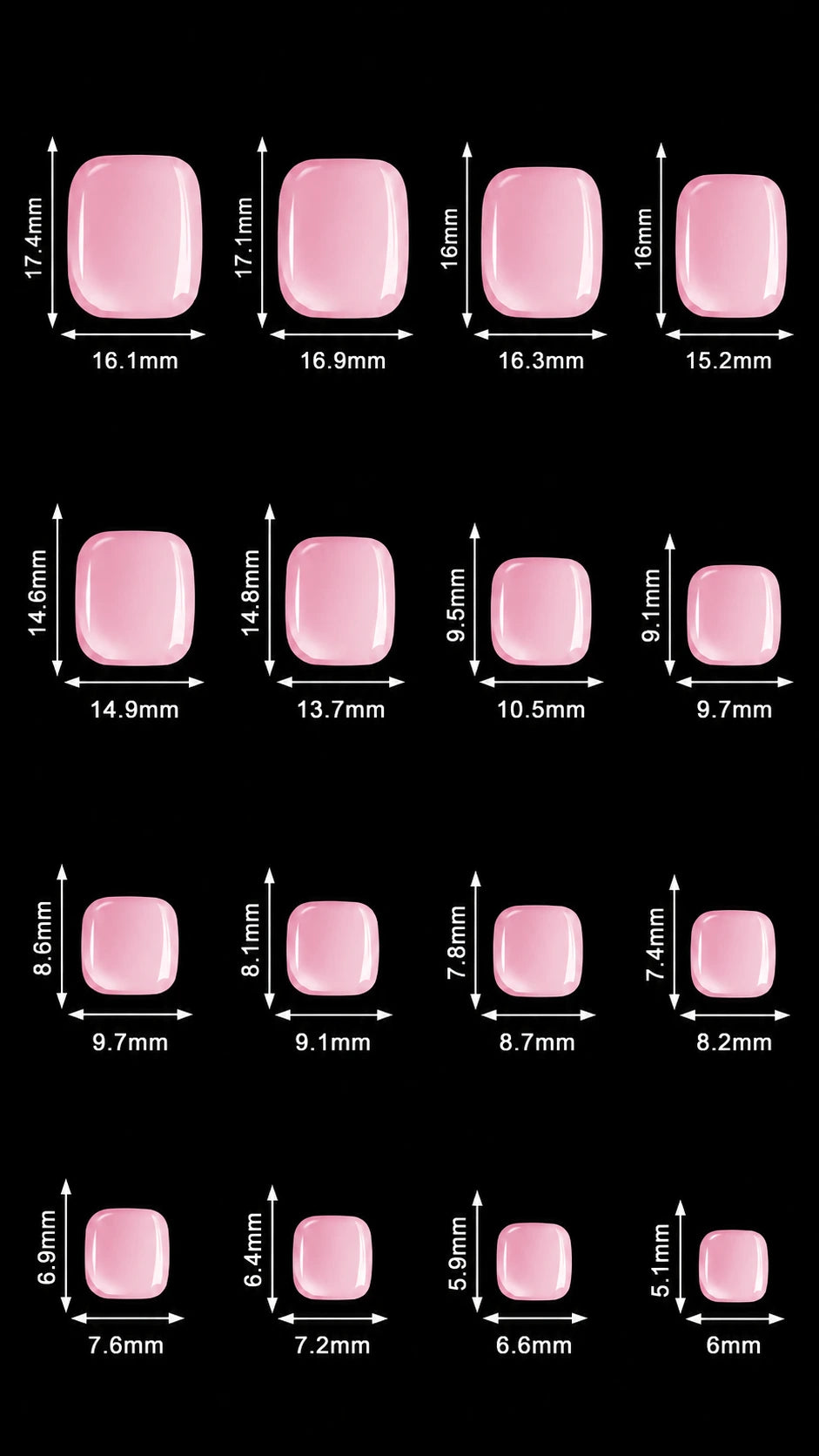 A size chart showing multiple pink rounded square nail art stickers arranged in rows on a black background, with white dimension lines and labels indicating each size in millimeters.