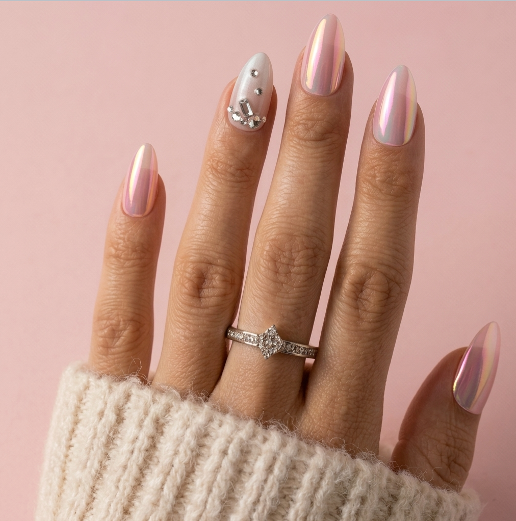 A close-up of a hand with long, glossy, iridescent pink almond-shaped nails, wearing a silver ring with a clear floral center stone. The hand is wrapped in a cream-colored knit sweater against a solid light pink background.