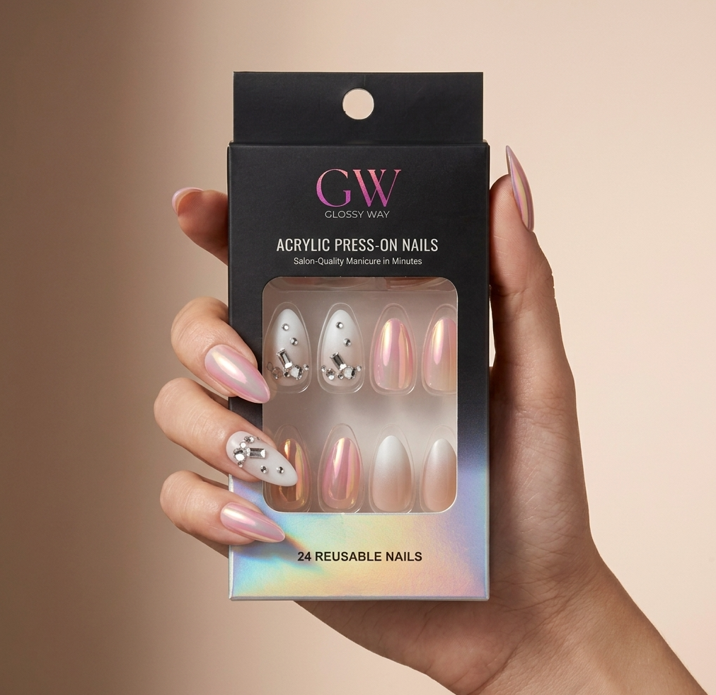A hand holding a black box of GW Glossy Way press-on nails. The nails are shown through the clear window on the packaging, featuring a mix of metallic rose gold, pearlescent white, and silver rhinestone designs.