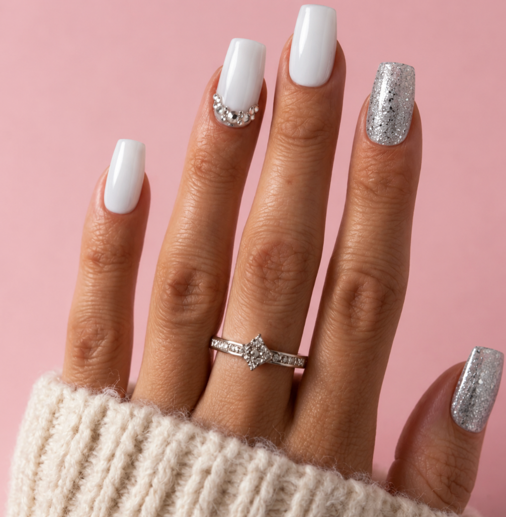 A close-up of a hand with white and silver manicured nails, wearing a silver ring with a clear marquise-cut stone, set against a solid pink background.