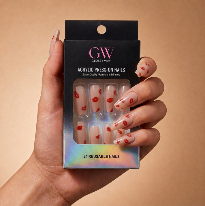 A hand holding a black glossy press-on nails box labeled GW Gloss Way, with the nails visible through the clear window. The nails are clear with small red lip prints, shown against a warm beige background.