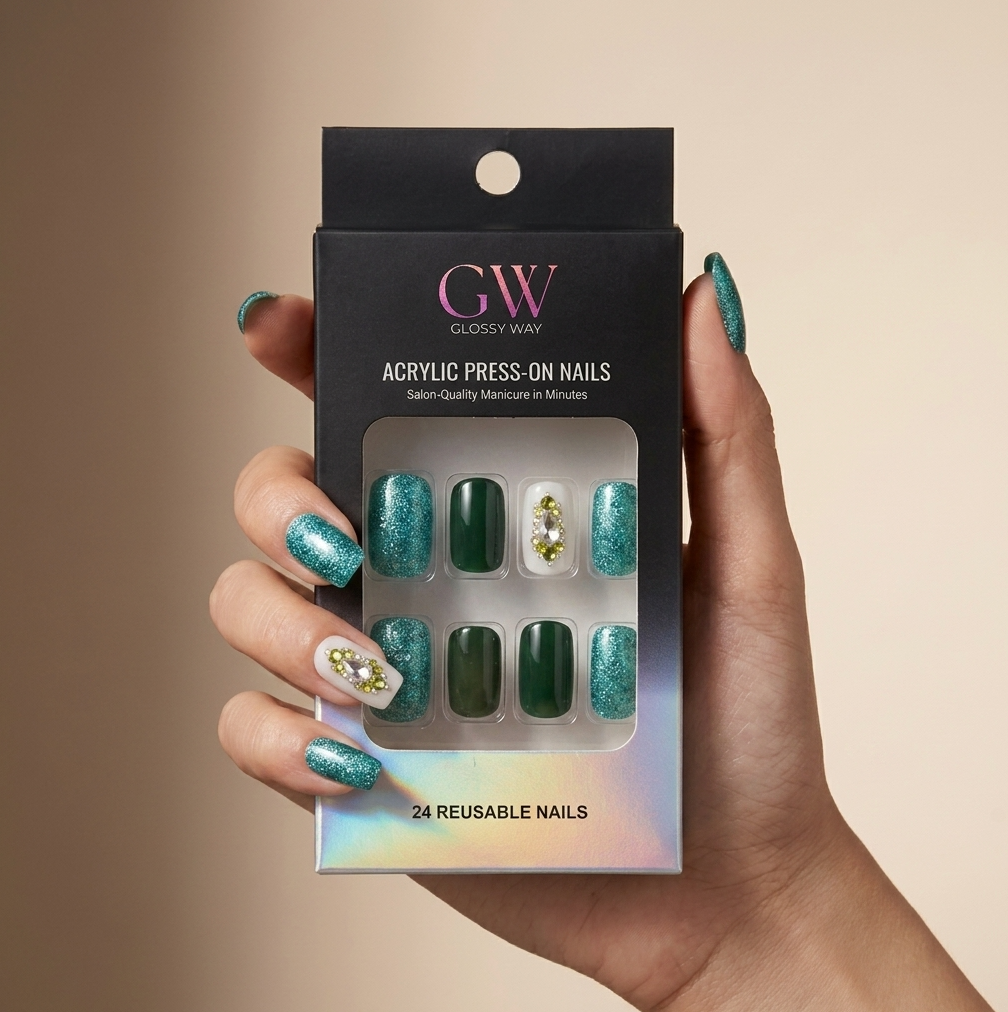 A hand holds a black box of GW Glossy Way acrylic press-on nails. The nails are arranged in a clear window and feature a teal glitter design with green, dark green, and white glitter/nail art designs.