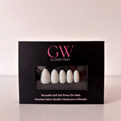 Moonlit Pearl white Press-On Nails made by Glossy Way inside the original package.