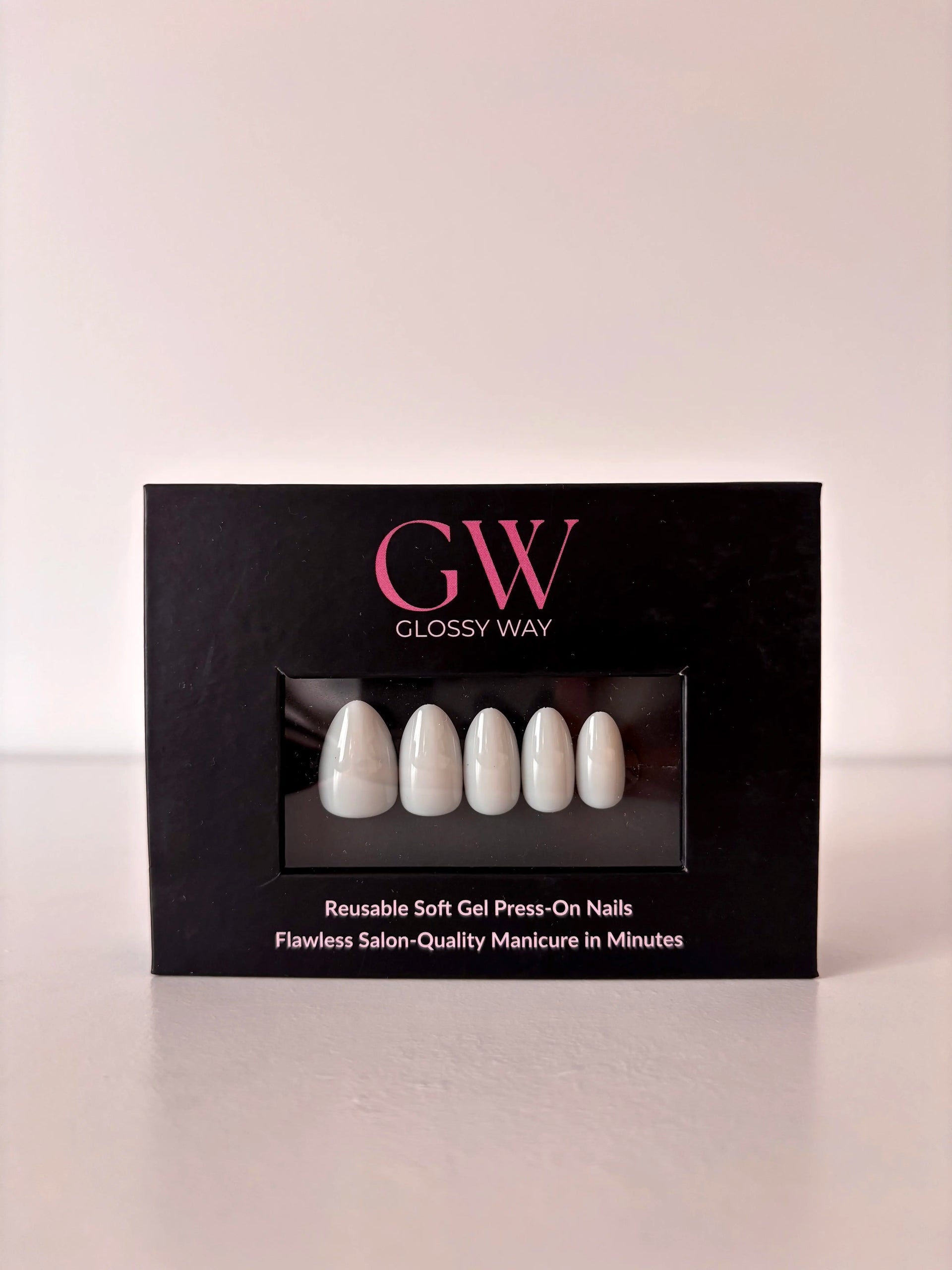 Moonlit Pearl white Press-On Nails made by Glossy Way inside the original package.