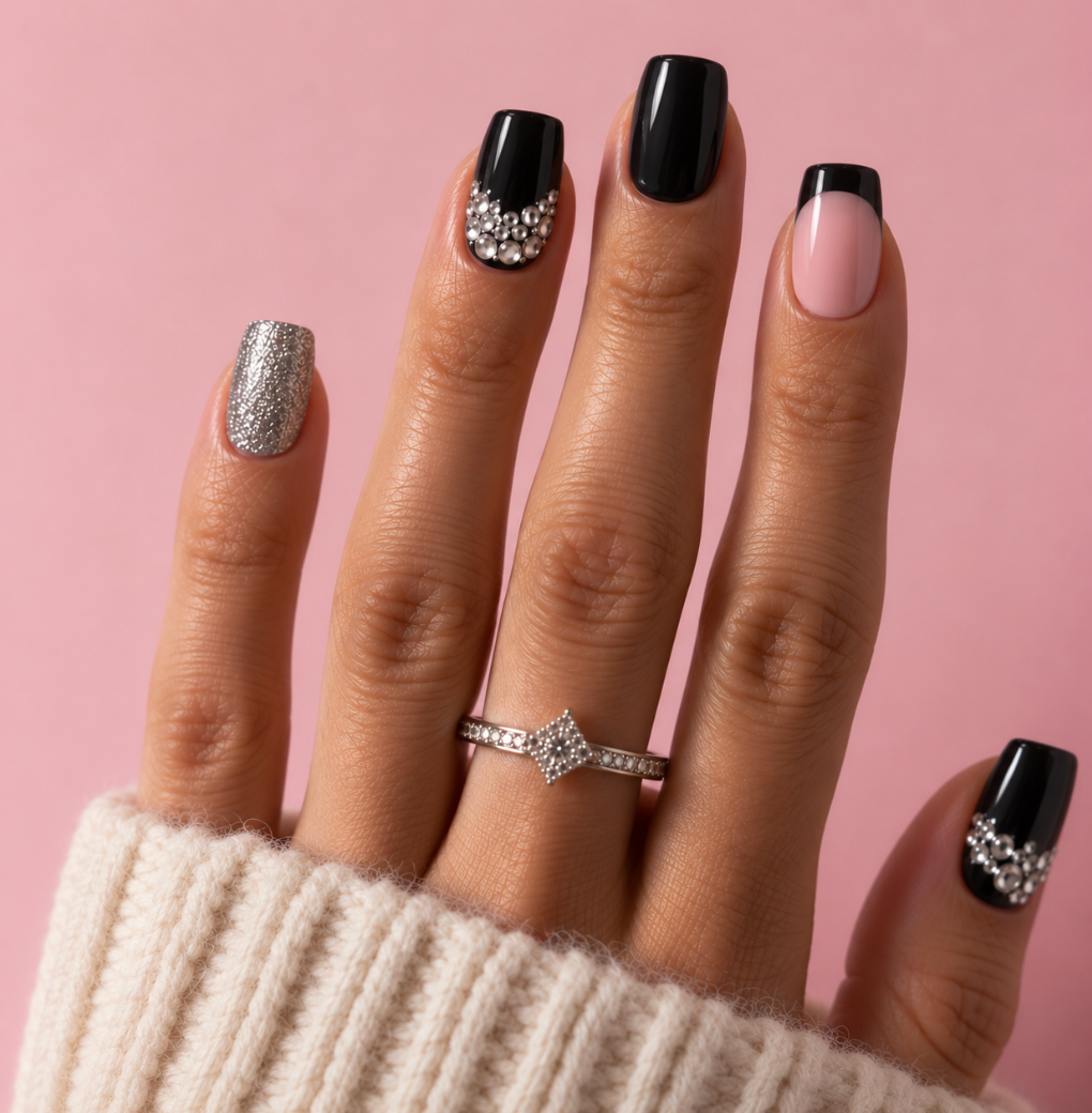 A close-up of a hand with manicured nails in black, pale pink, and glittery silver, wearing a silver ring with a clear pavé center, set against a solid pink background.