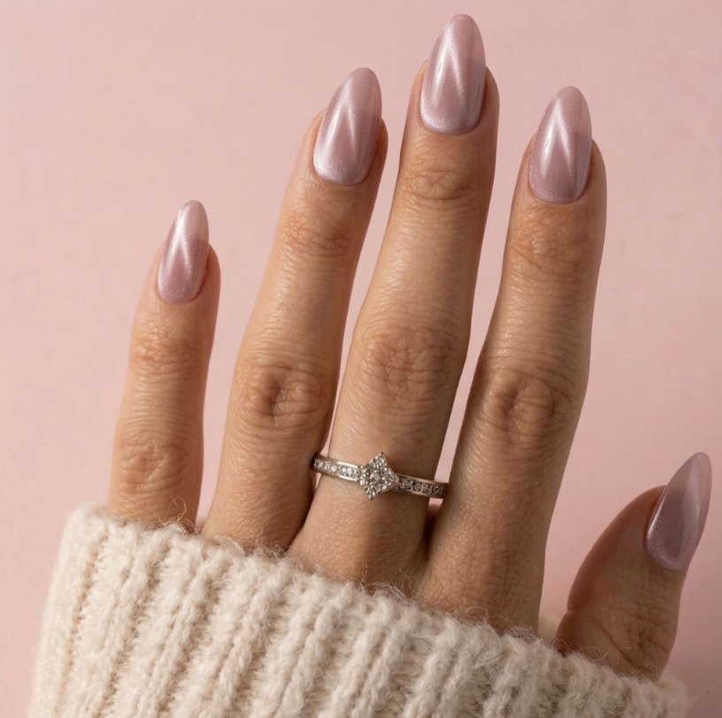 A close-up of a hand with long, glossy mauve-pink manicured nails wearing a silver diamond ring, styled with a cream knit sweater against a soft pink background.