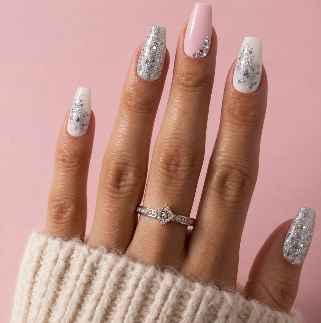 A close-up of a hand with manicured nails in a pink and white glitter nail art design, wearing a silver diamond ring, set against a solid pink background.