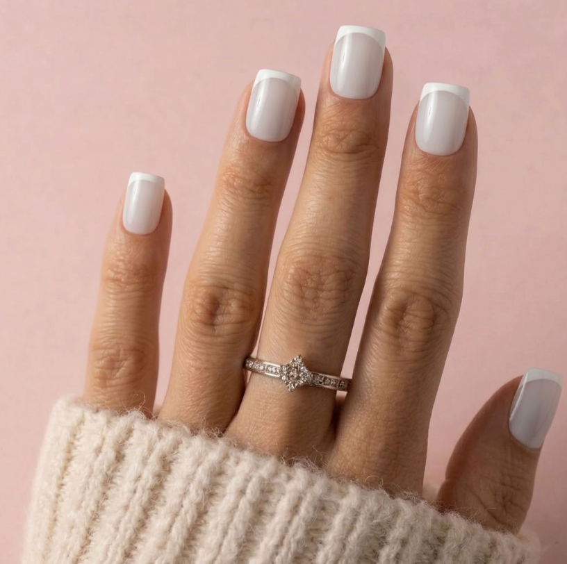 A close-up of a hand with white French-tip nails wearing a silver diamond ring with a starburst center, set against a soft pink background.
