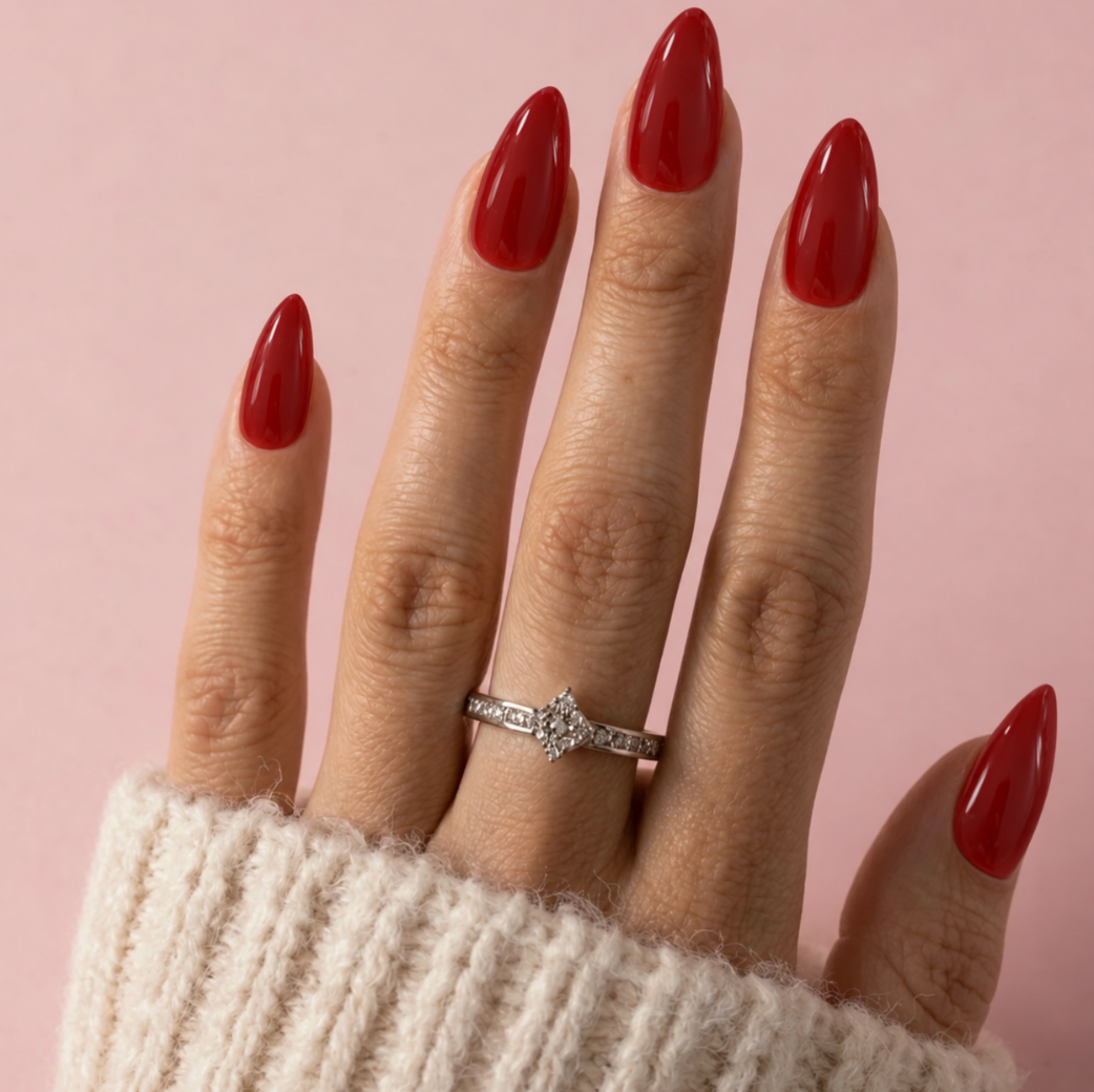 A close-up of a hand with long, glossy red manicured nails wearing a silver diamond ring on the ring finger, with a cream knit sweater cuff visible at the bottom against a soft pink background.