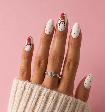 A close-up of a hand with manicured nails painted white with small red polka dots and two snowman illustrations, wearing a silver ring with clear stones and a cream knit sleeve against a pink background.